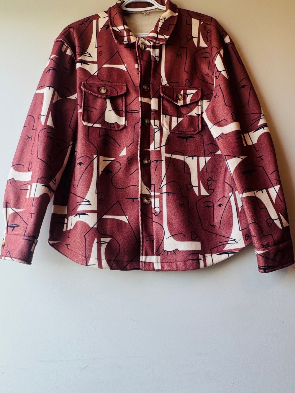 Button-Front Maroon Abstract Print Shirt Jacket